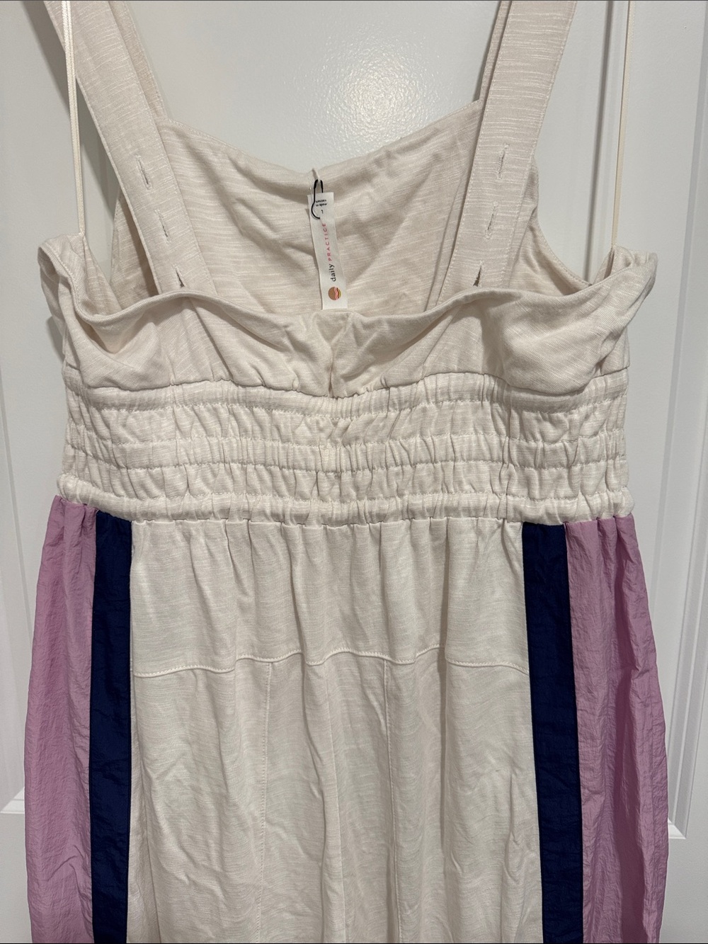 NWT Cream Sleeveless Jumpsuit with Purple & Navy Side Stripes